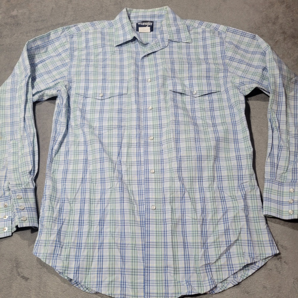 Wrangler Western Shirt Mens M Blue Green Plaid Pearl Snap Long Sleeve Cotton Top
